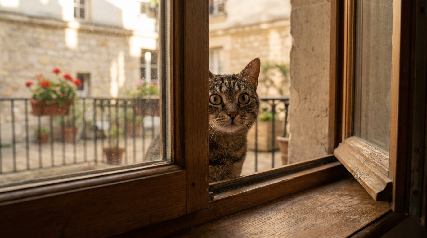 Un chat d'intérieur regarde avec inquiétude par une fenêtre entrouverte, symbolisant le risque de disparition et le regret du propriétaire.