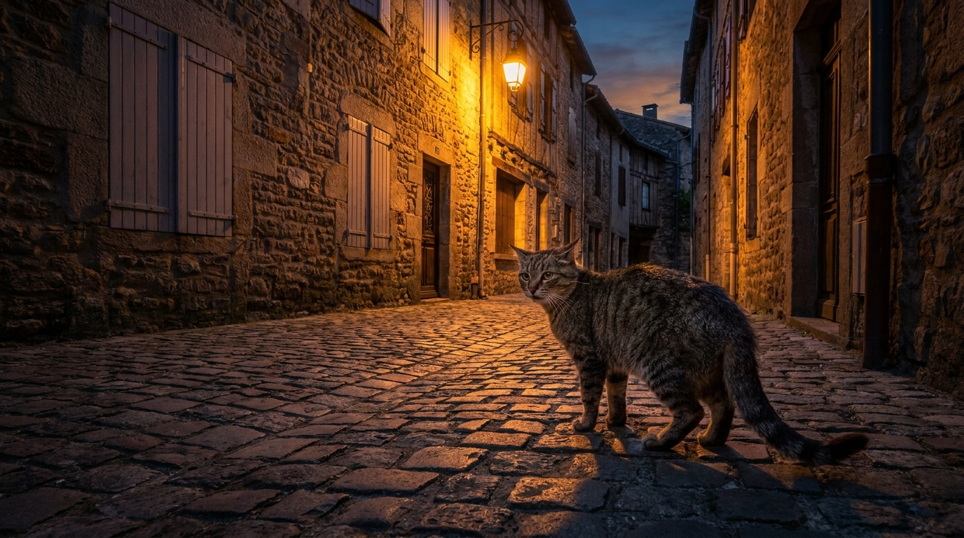 Un chat au regard inquiet se tient dans une ruelle sombre d'un village français, symbolisant la peur et les disparitions d'animaux.