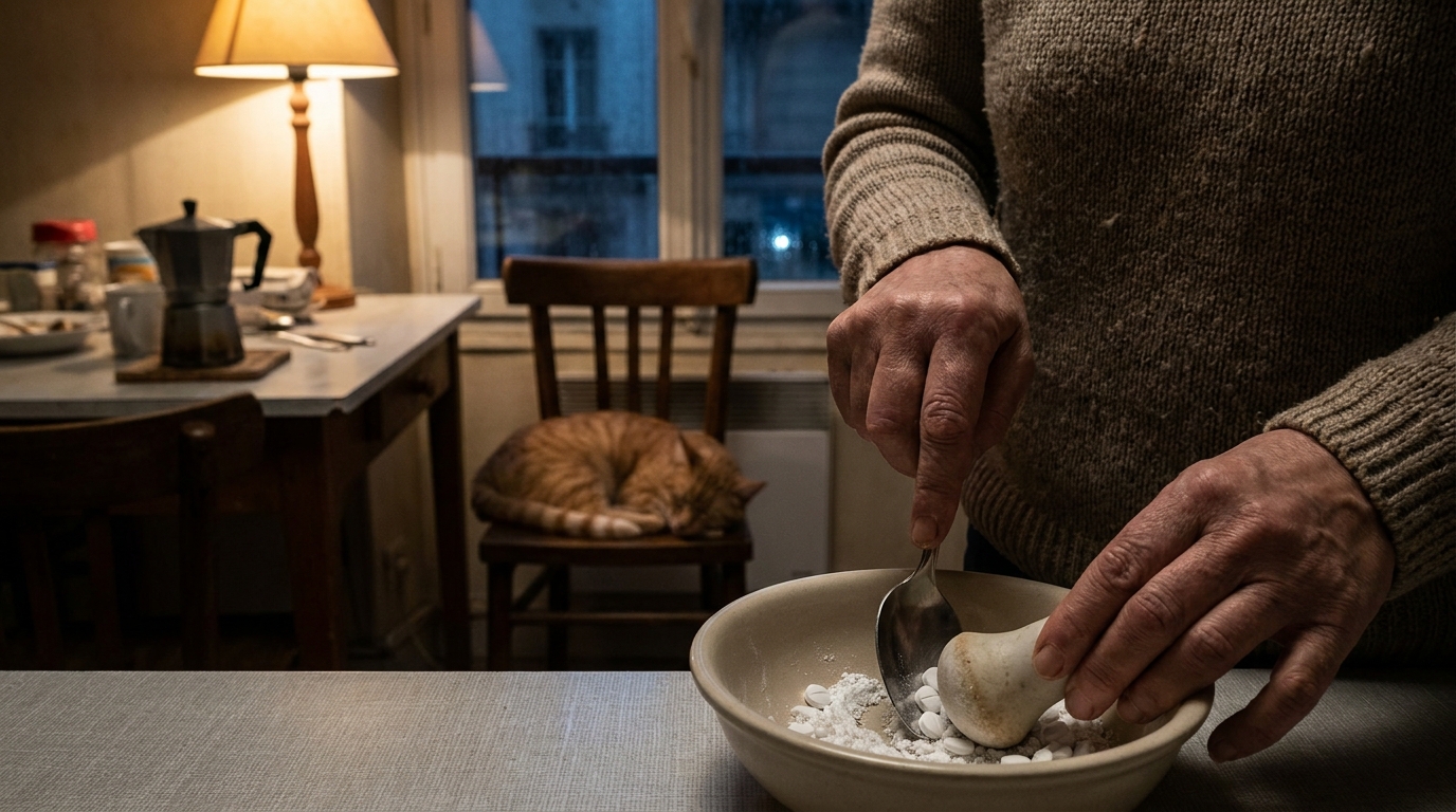 Un chat roux endormi sur un canapé dans la pénombre d'un salon, symbolisant une innocence inconsciente face à un drame familial.