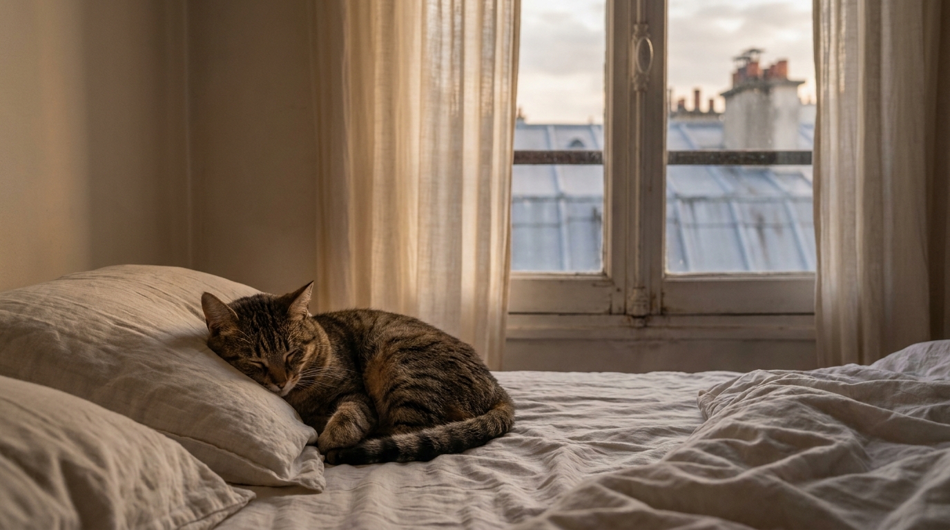 Un chat tigré est blotti sur un oreiller, dans un lit défait, à la place laissée vide par une personne.