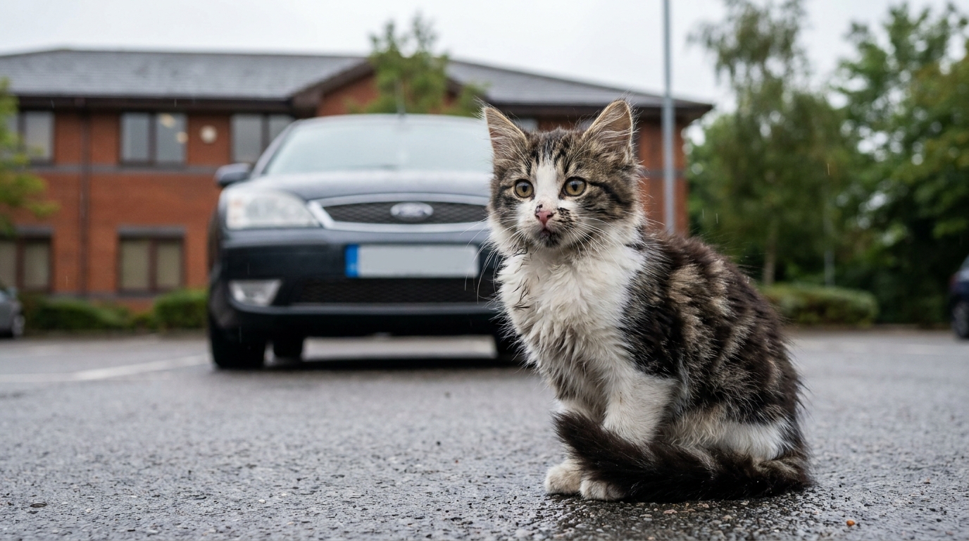 Un chat tigré et blanc, l'air un peu effrayé mais en sécurité, regarde l'objectif depuis le sol près de la roue d'une voiture garée.