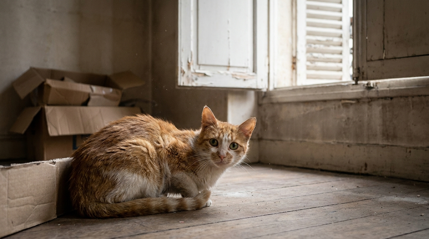 Un chat roux et blanc, très maigre, assis sur un parquet dans un appartement vide, regarde l'objectif avec espoir.