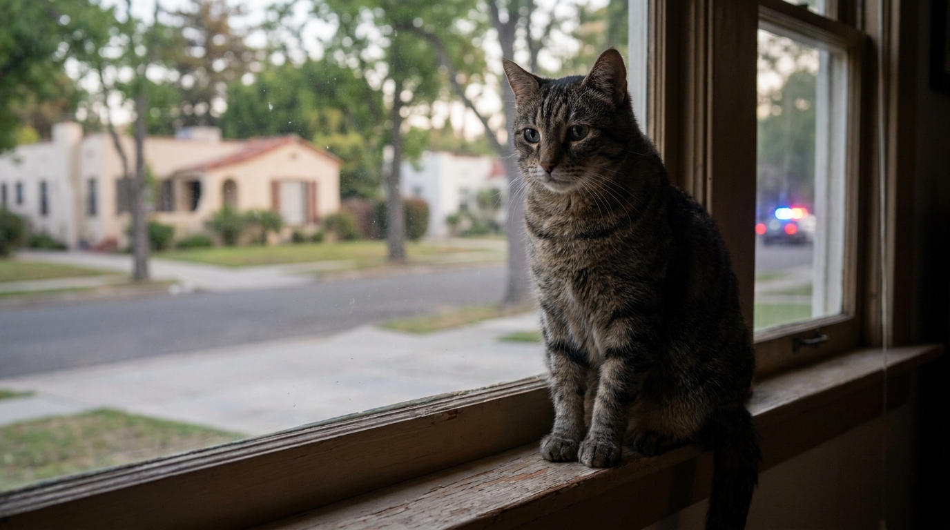 Un chat tigré est assis sur le rebord d'une fenêtre et regarde la rue d'un quartier résidentiel américain.