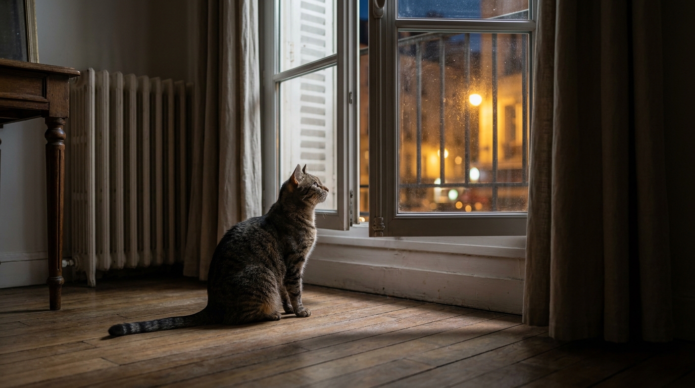 Un chat assis dans un appartement sombre regarde fixement une fenêtre oscillo-battante ouverte la nuit, illustrant un danger domestique.