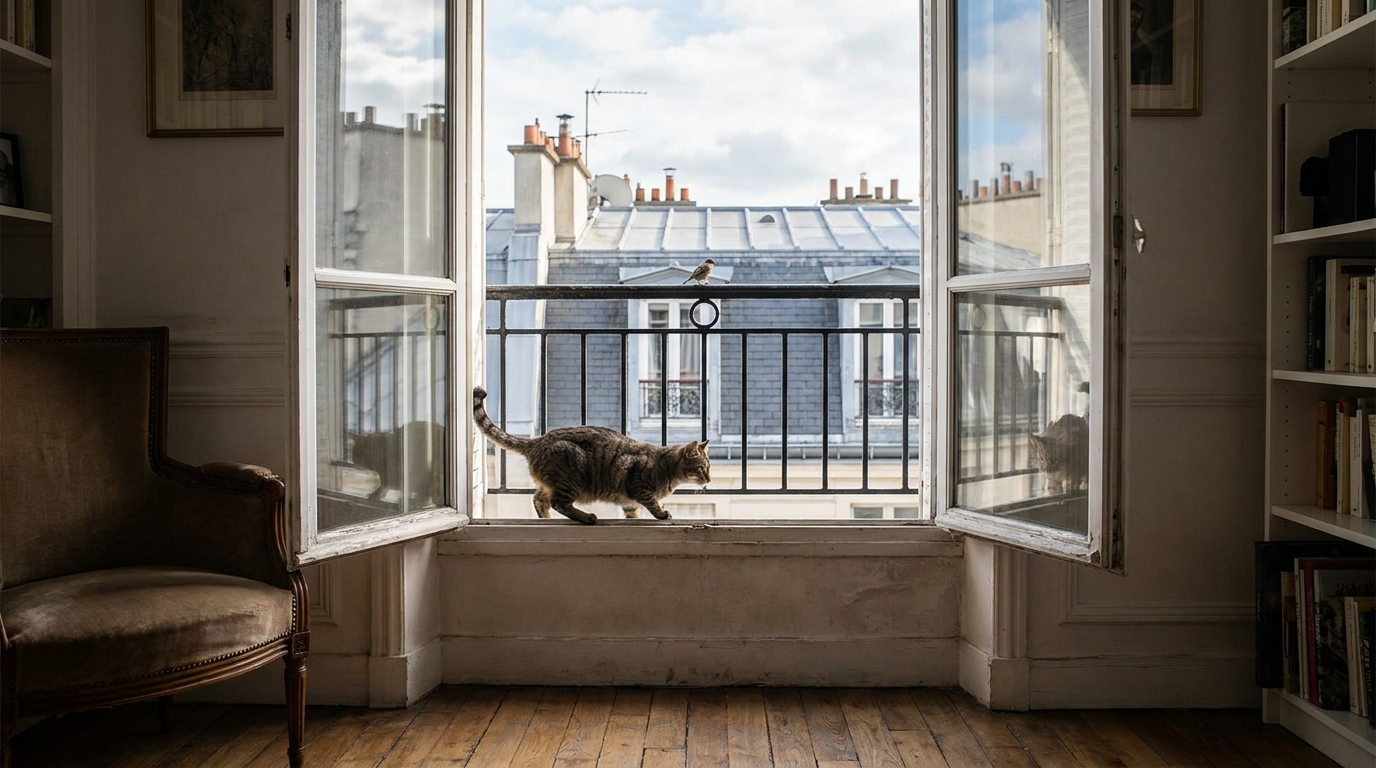 Un chat assis sur le rebord d'une fenêtre ouverte dans un appartement, regardant avec attention un oiseau à l'extérieur, illustrant le risque du syndrome du chat parachutiste.