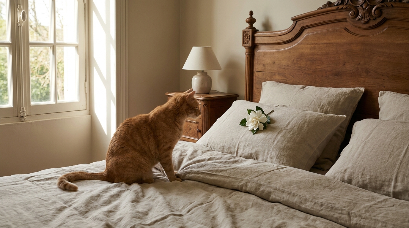 Un chat roux au regard tendre dépose délicatement une fleur de gardénia blanche sur un oreiller dans une chambre baignée de lumière.