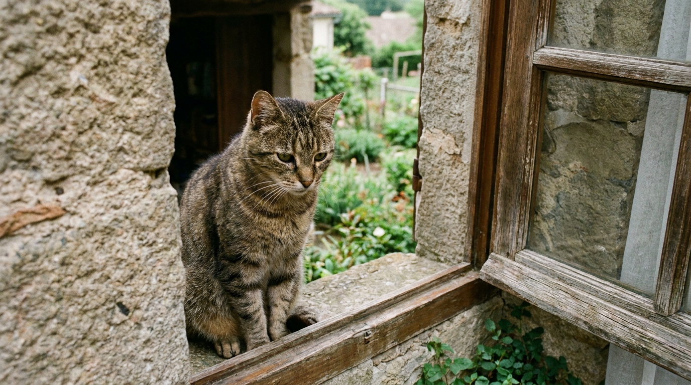 Un chat de gouttière est assis sur le rebord d'une fenêtre en bois, regardant pensivement un jardin verdoyant typique d'un village français.
