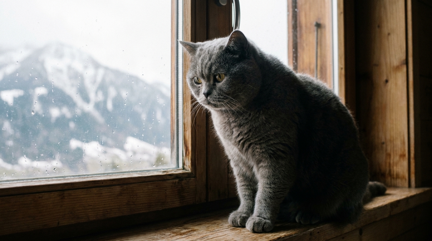 Un beau chat gris au regard mélancolique, assis près d'une fenêtre, symbolisant la perte et la tristesse d'un animal de compagnie.