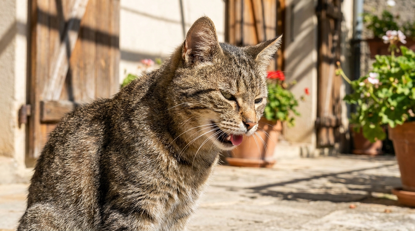 Un chat tigré haletant la bouche ouverte sur une terrasse en plein soleil, illustrant le danger du coup de chaleur félin.
