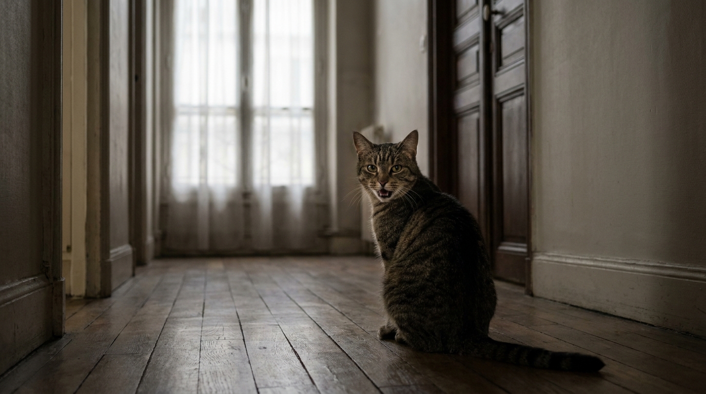Un chat tigré au regard alerte assis dans un couloir, semblant insister pour que son maître le suive vers la porte d'un voisin.