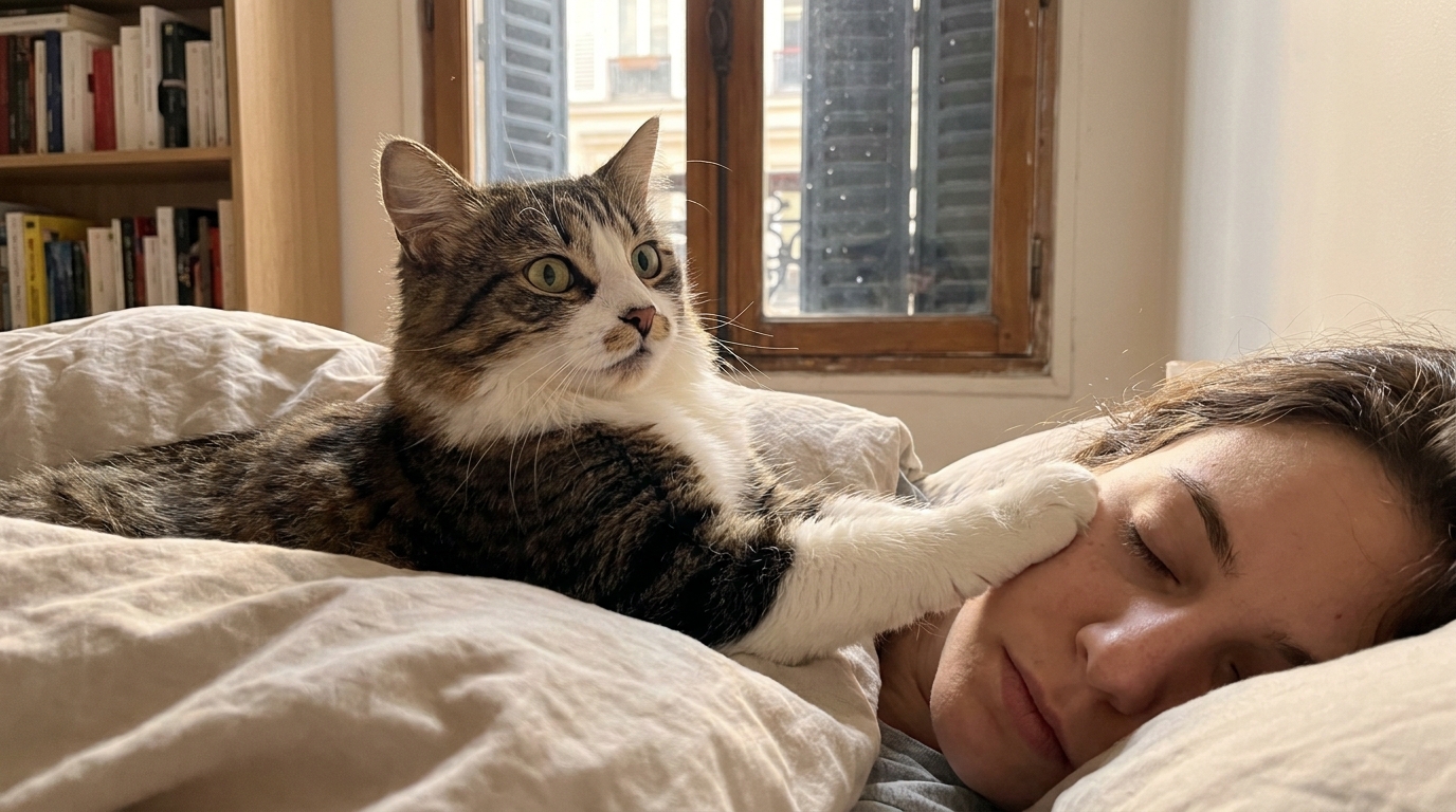Un chat tigré regarde avec insistance sa maîtresse encore endormie dans son lit, la patte posée sur sa joue pour la réveiller.