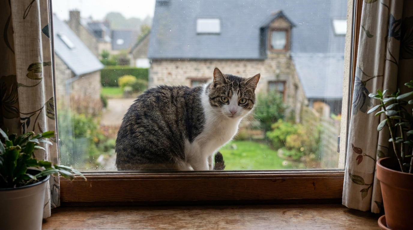 Un chat tigré est assis sur un rebord de fenêtre et regarde dehors, l'air méfiant, avec en arrière-plan les maisons d'un lotissement français.