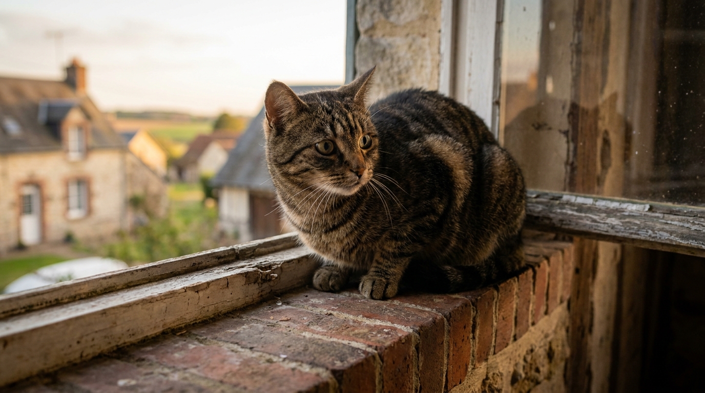 Un chat tigré au regard méfiant est assis sur le rebord d'une fenêtre, symbolisant la vulnérabilité des animaux domestiques.