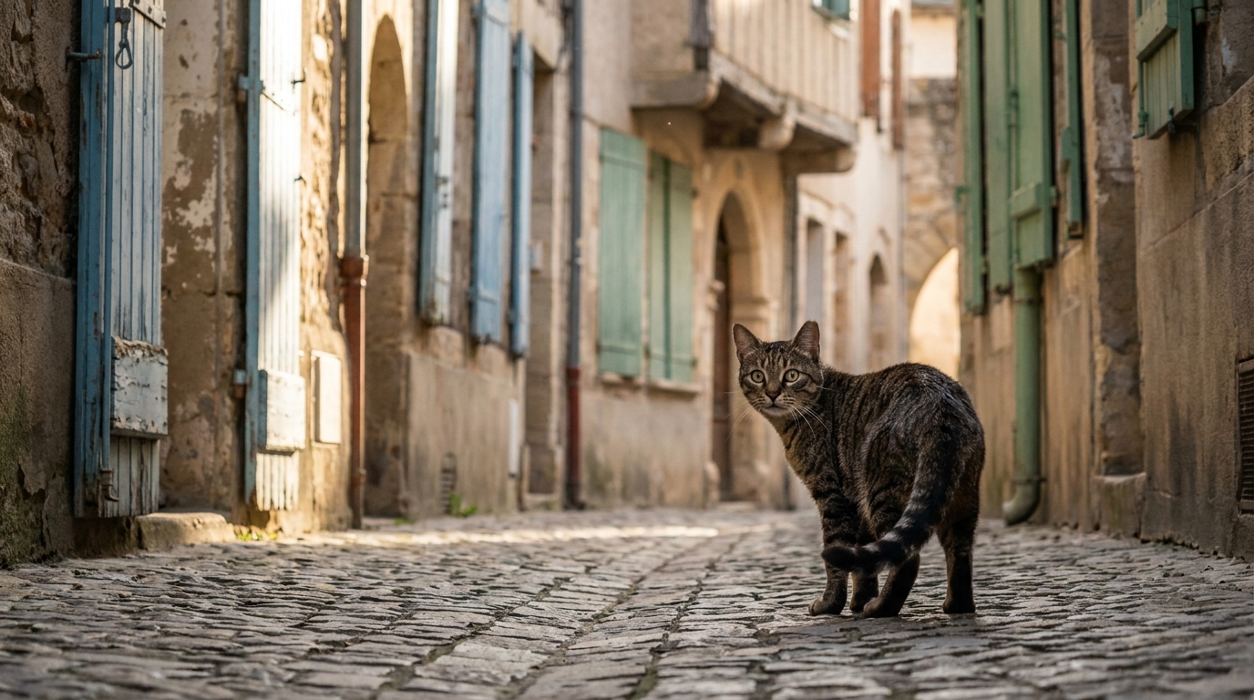 Un chat tigré regarde avec méfiance derrière lui dans une rue calme, illustrant la peur des animaux à Castelsarrasin.