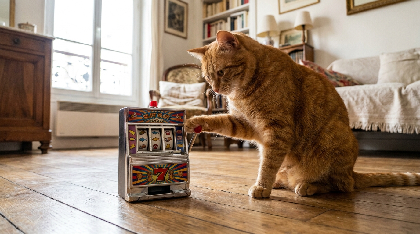 Un chat tigré est assis sagement devant une petite machine à sous colorée, la patte posée sur le levier.