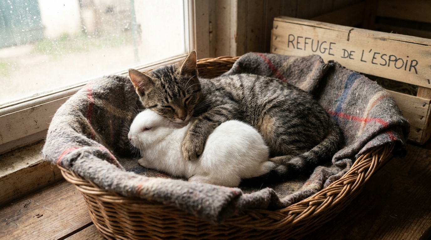 Un chat tigré et un petit lapin blanc se réconfortent mutuellement dans un panier douillet après leur sauvetage.
