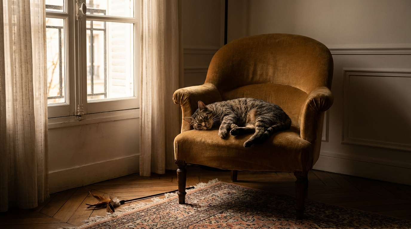 Un chat tigré dort profondément sur une couverture, son attitude suggérant une léthargie plutôt qu'un simple repos.