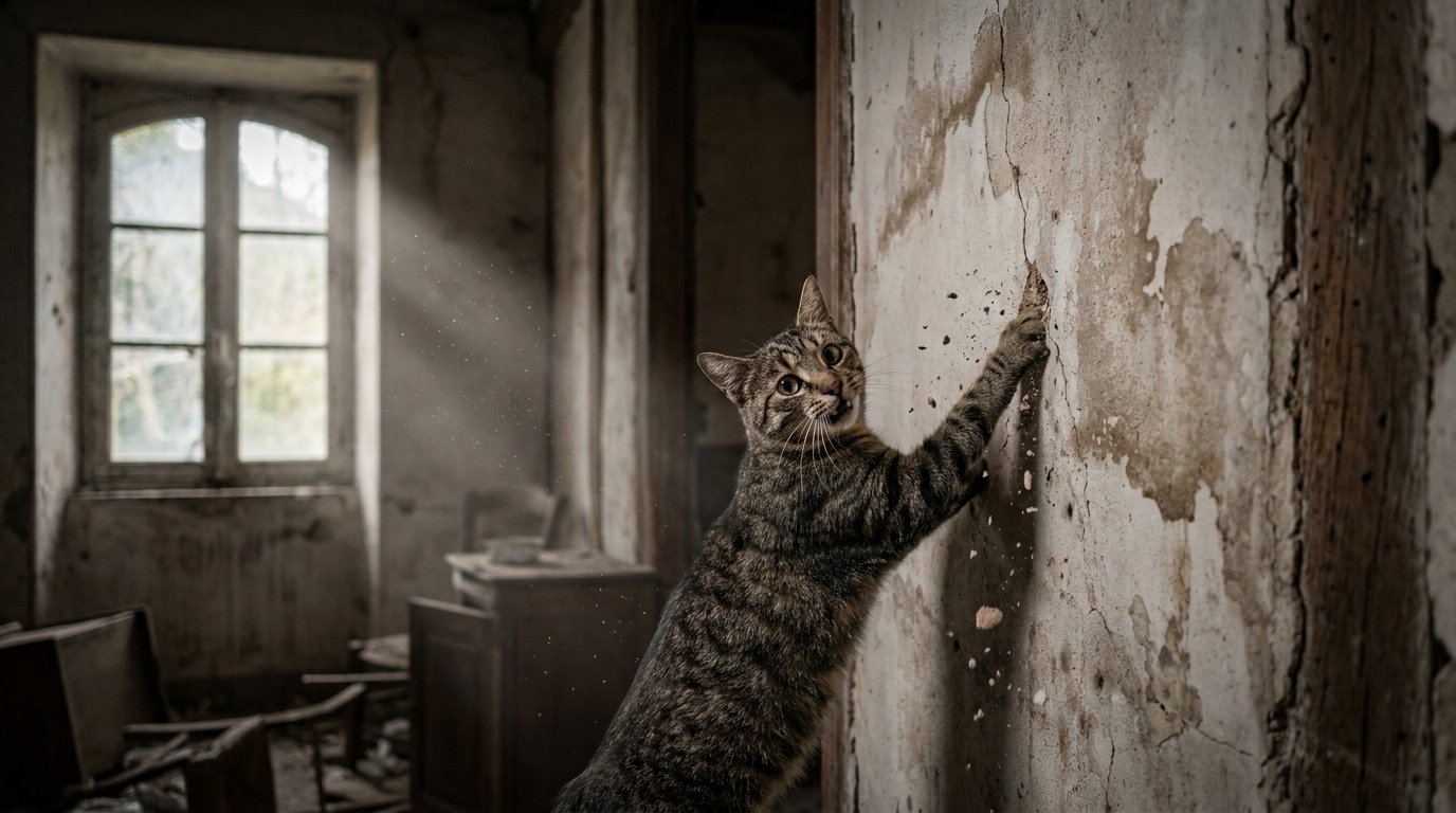 Un chat tigré aux yeux apeurés se cache dans l'ombre d'une pièce insalubre, symbolisant le drame des chats de Beauvais.