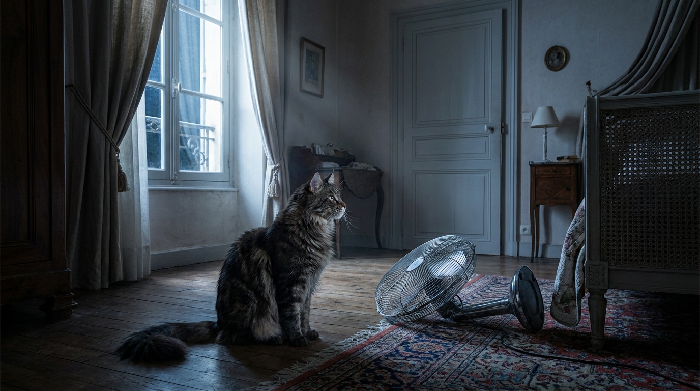 Un majestueux chat Maine coon assis sur le sol d'une chambre sombre, regardant fixement vers la porte, avec un ventilateur renversé à côté de lui.