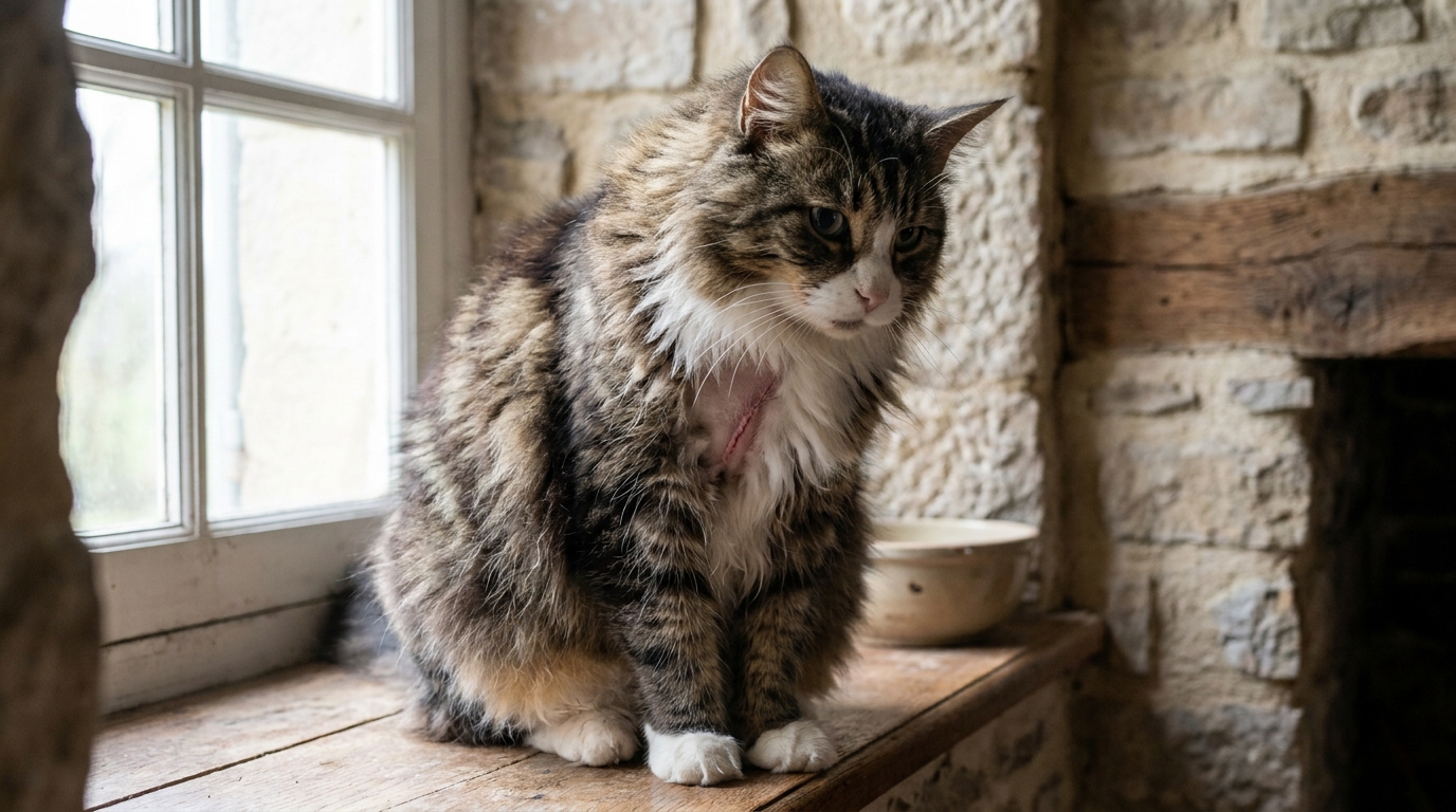 Un grand chat de race Maine Coon avec une cicatrice visible sur la poitrine, une de ses pupilles dilatée, regarde avec une expression triste.