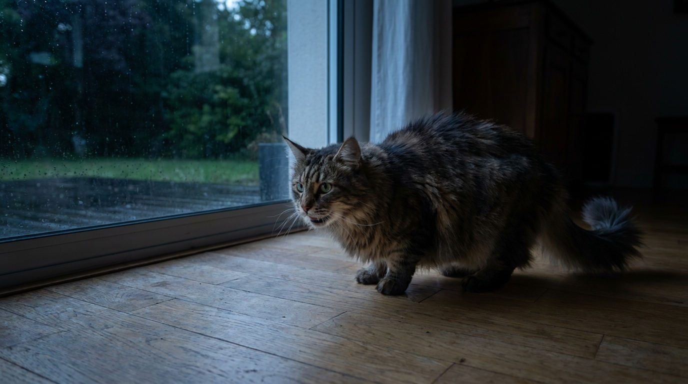 Un grand chat Maine Coon au pelage fourni, assis dans un salon et regardant attentivement vers la caméra, l'air alerte.
