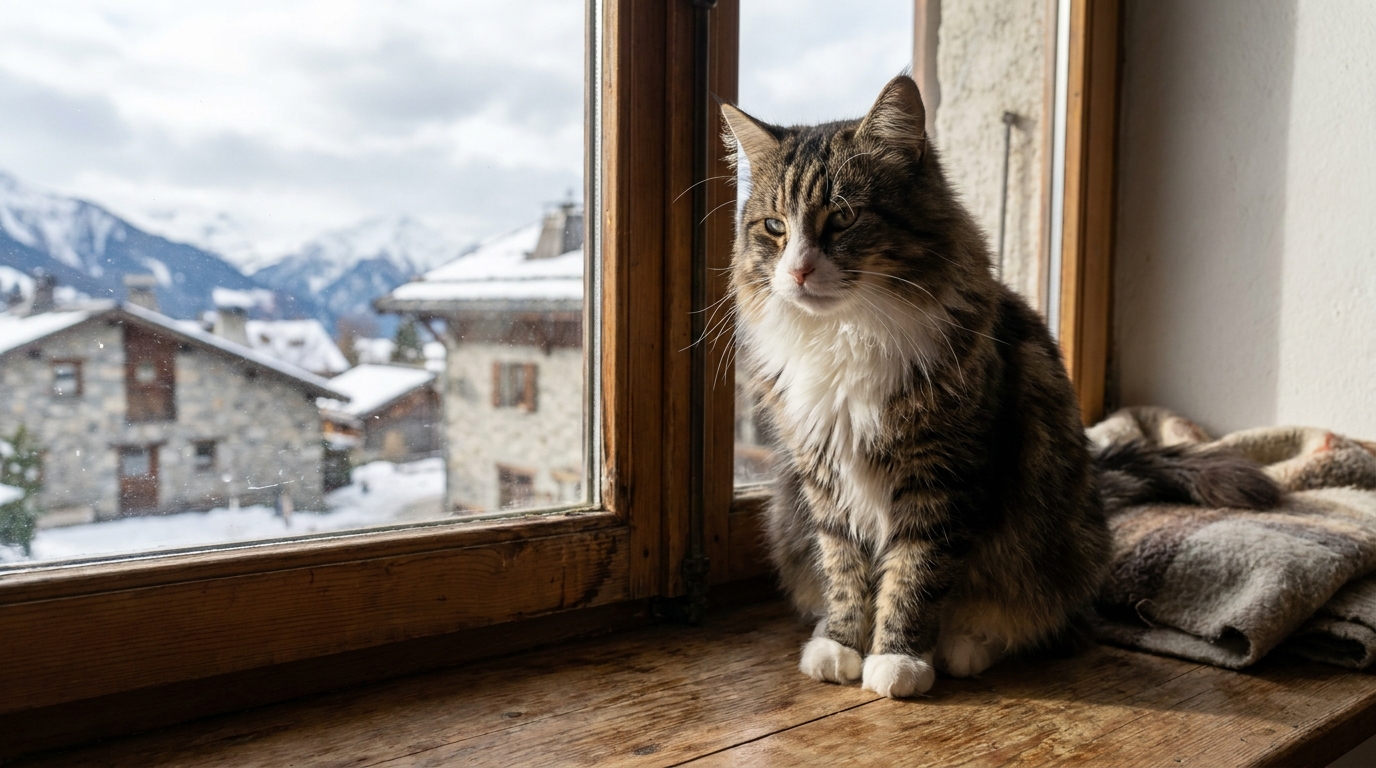 Un magnifique chat de race Maine Coon au regard mélancolique, assis dans un décor de village français en Haute-Savoie.