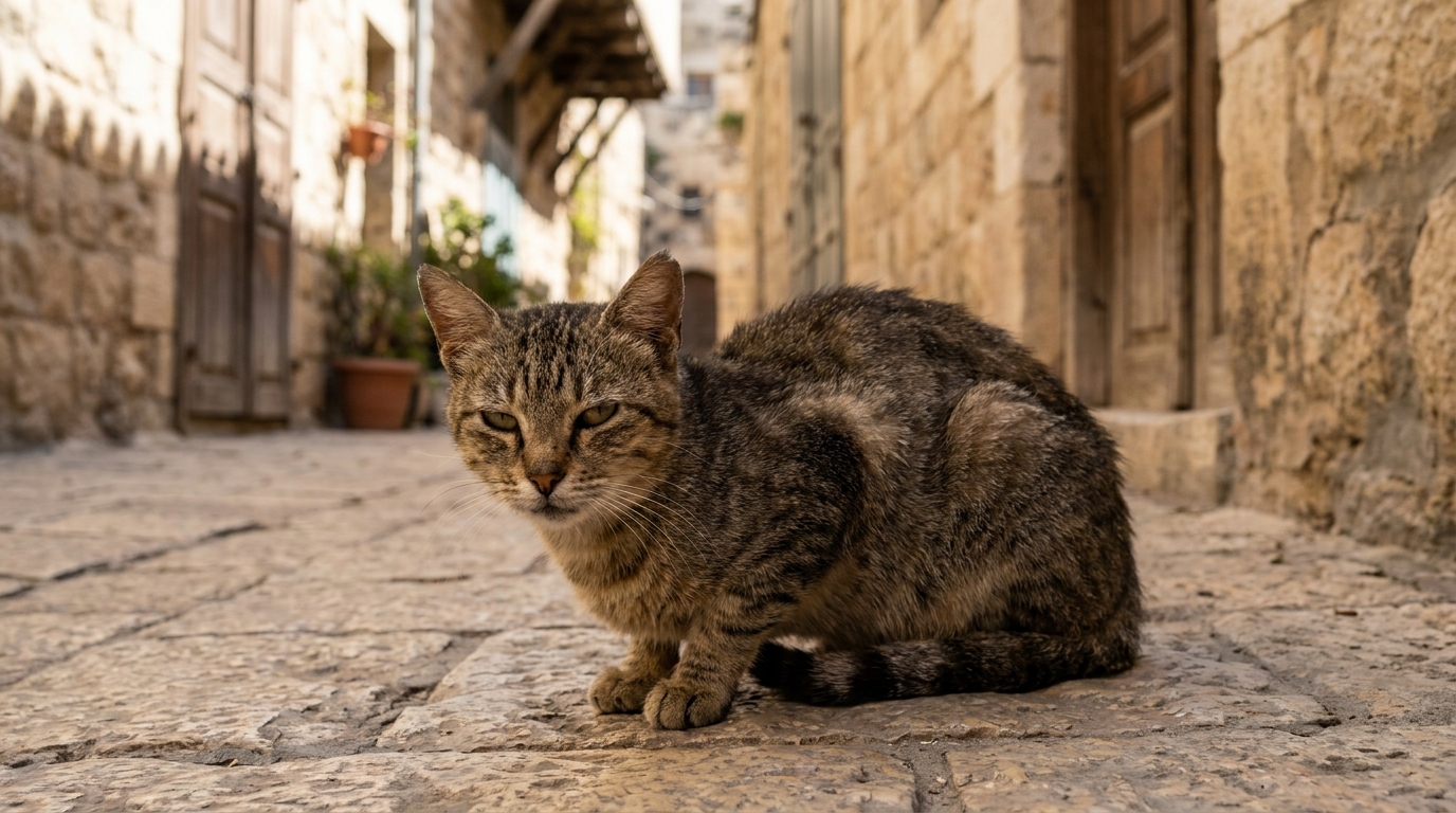 Un chat au regard inquiet dans une ruelle en pierre, illustrant la vulnérabilité des animaux face à la cruauté humaine.