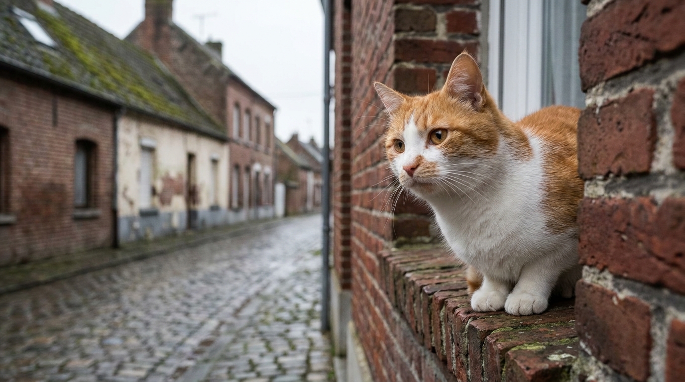 Un chat roux et blanc au regard doux et triste, assis dans une ruelle pavée du nord de la France, symbolisant la confiance trahie.