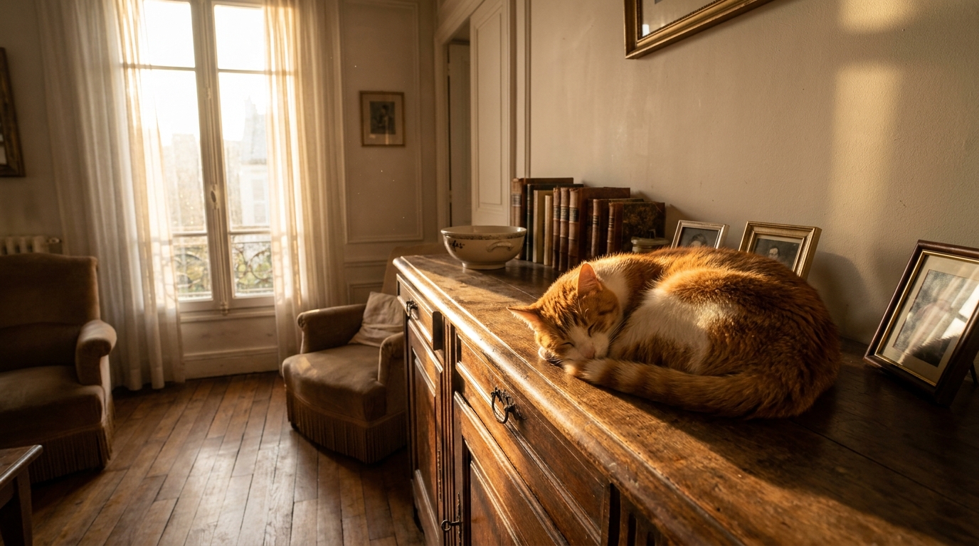 Un chat à l'apparence très réaliste est posé sur un meuble en bois dans un salon, comme s'il dormait paisiblement.