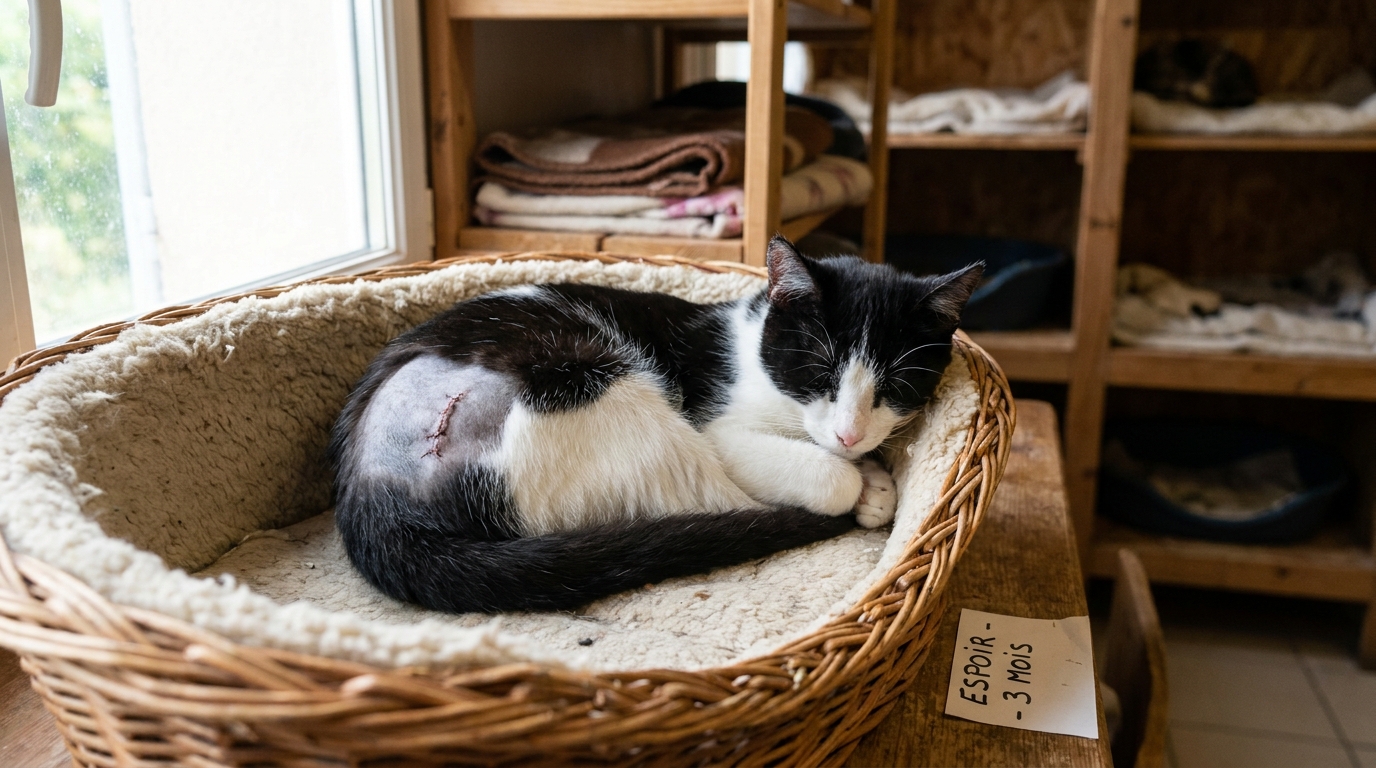 Un chat noir et blanc se repose dans un panier douillet dans un refuge, une cicatrice visible sur son flanc.