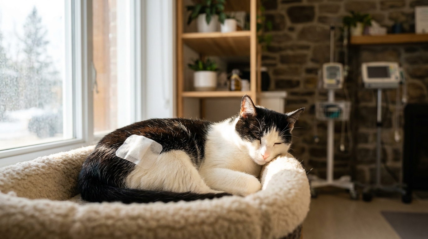 Un chat noir et blanc aux yeux verts, se reposant dans un panier au sein d'un refuge, avec un bandage visible sur son flanc, l'air apaisé.