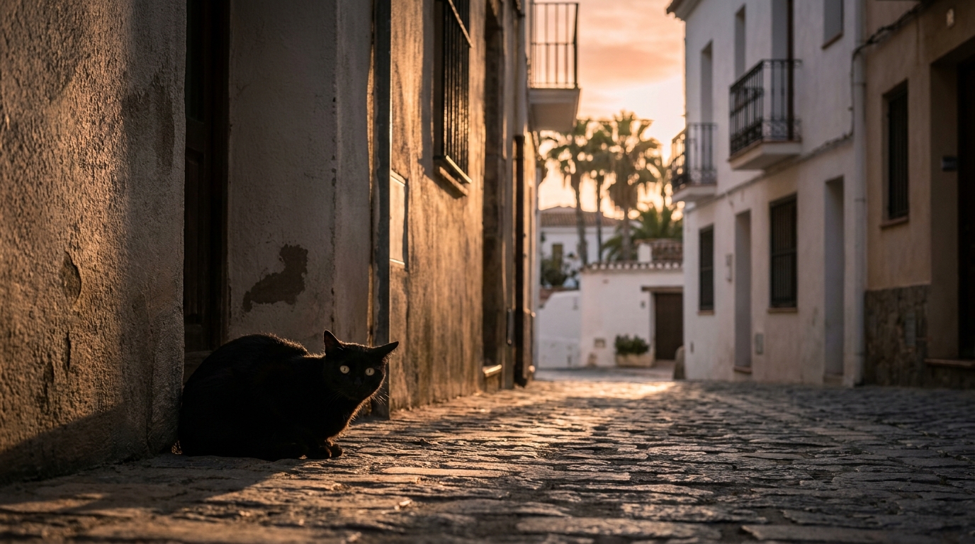 Un chat noir se recroqueville dans une ruelle ensoleillée d'une ville espagnole, l'air méfiant et craintif.