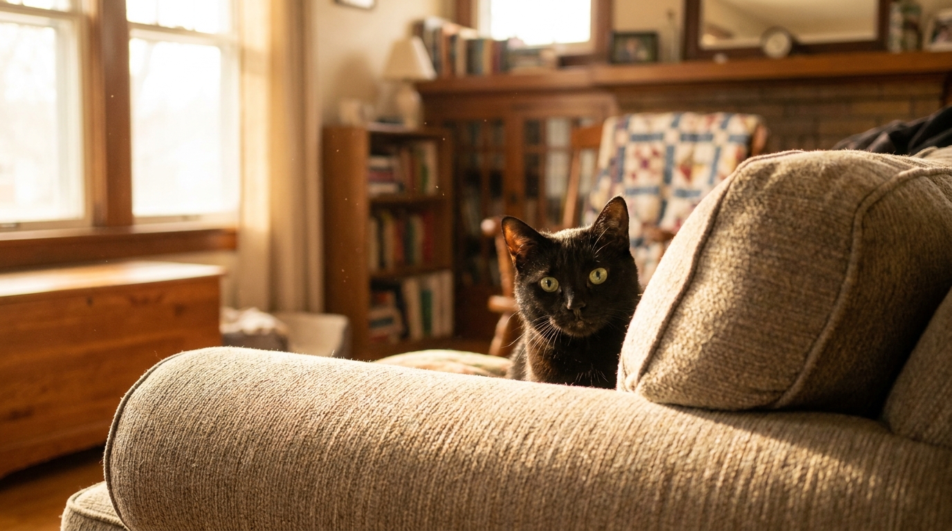 Un magnifique chat noir aux yeux verts, autrefois craintif, regarde timidement depuis sa cachette dans sa nouvelle maison.