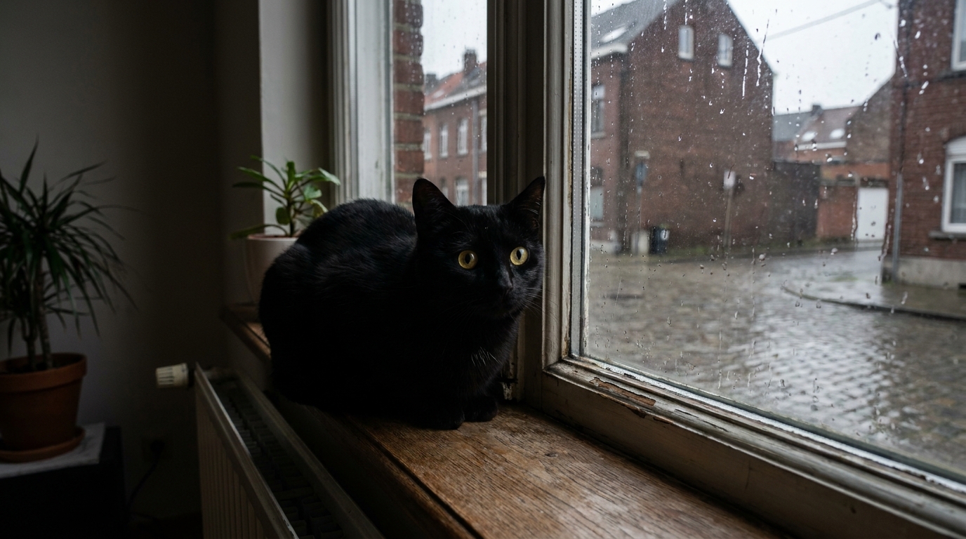 Un chat noir au regard soucieux observe l'extérieur depuis une fenêtre par un jour de pluie, symbolisant l'inquiétude.