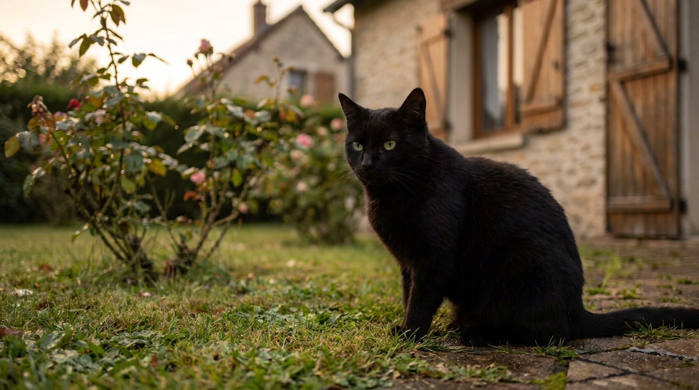 Un chat noir assis dans l'herbe d'un jardin, l'air méfiant et triste, symbolisant la disparition de Blacky.