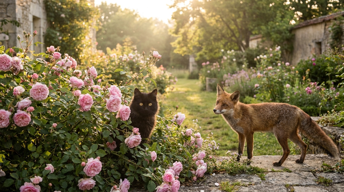 Un chat noir et un renard roux jouent ensemble à cache-cache dans les buissons fleuris d'un jardin verdoyant, une amitié surprenante.
