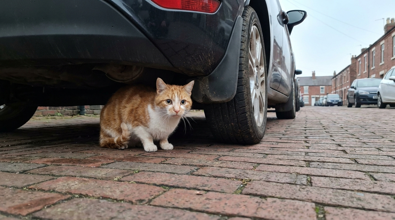 Un chat roux et blanc au regard surpris, se cachant près d'un pneu de voiture sur un parking en Angleterre.