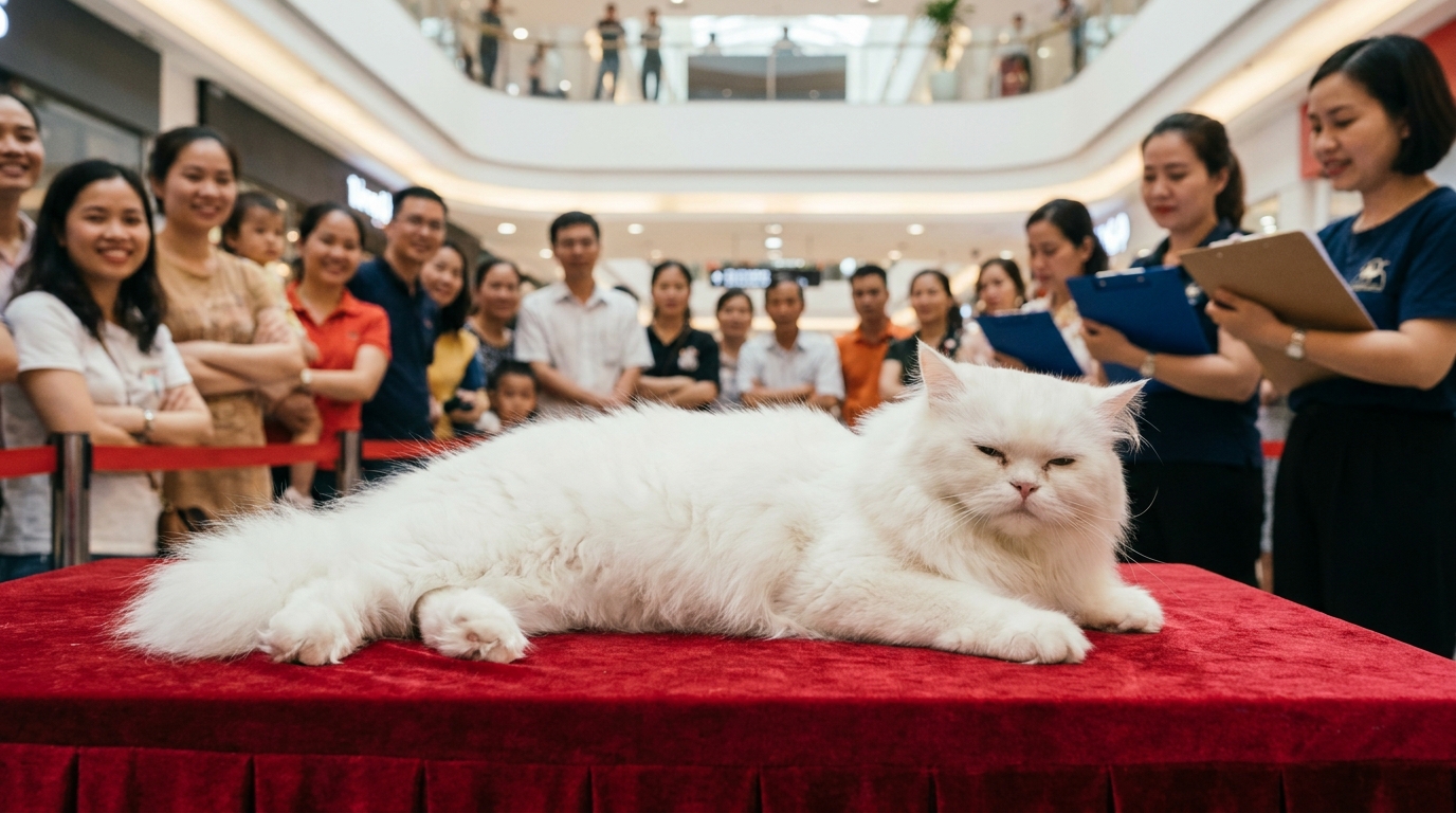 Un magnifique chat Persan au poil long et blanc est assis calmement sur une table de jugement lors d'un concours de beauté félin.