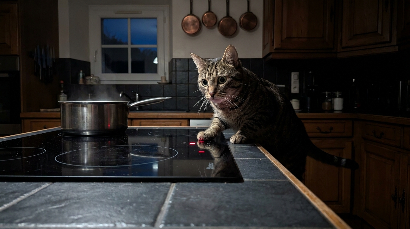 Un chat au pelage tigré est assis sur un plan de travail, à côté d'une plaque de cuisson allumée, semblant curieux.