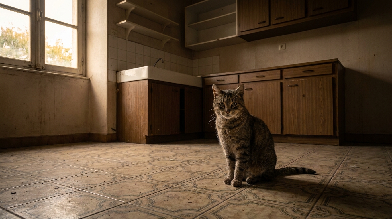 Un chat tigré est assis sur le sol d'un appartement peu éclairé, son regard semble mélancolique, symbolisant la tristesse d'un drame familial.