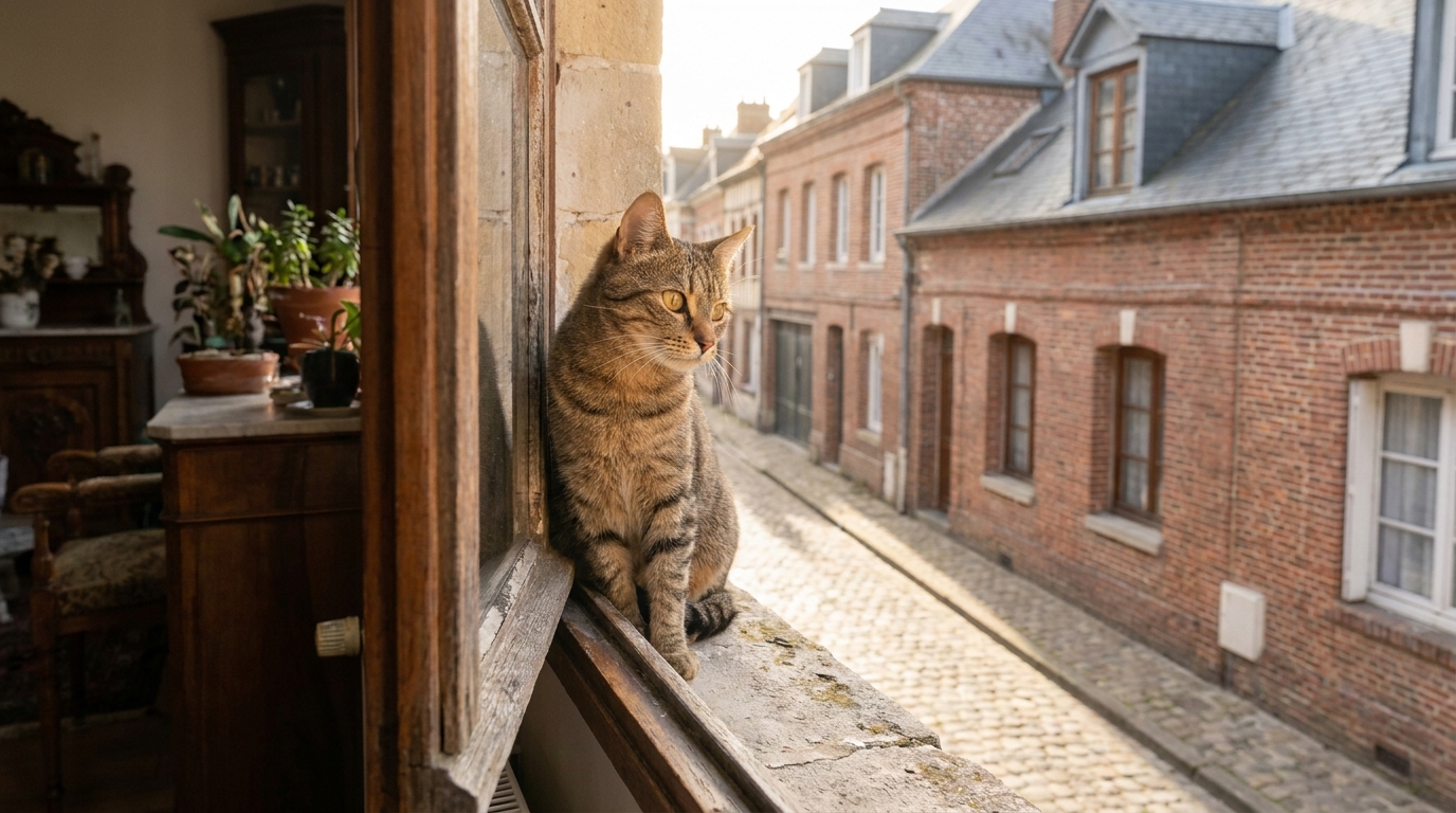 Un chat maigre mais au regard plein d'espoir, sauvé d'une maison à Beauvais, regarde par la fenêtre d'un refuge, symbolisant sa nouvelle vie.