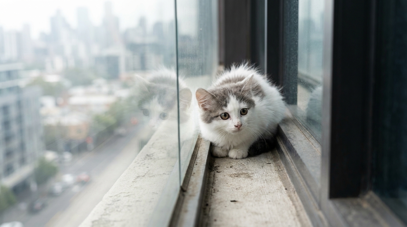 Un jeune chaton blanc est assis, l'air effrayé mais en sécurité, sur le rebord d'une fenêtre au 6ème étage d'un immeuble moderne surplombant la ville.