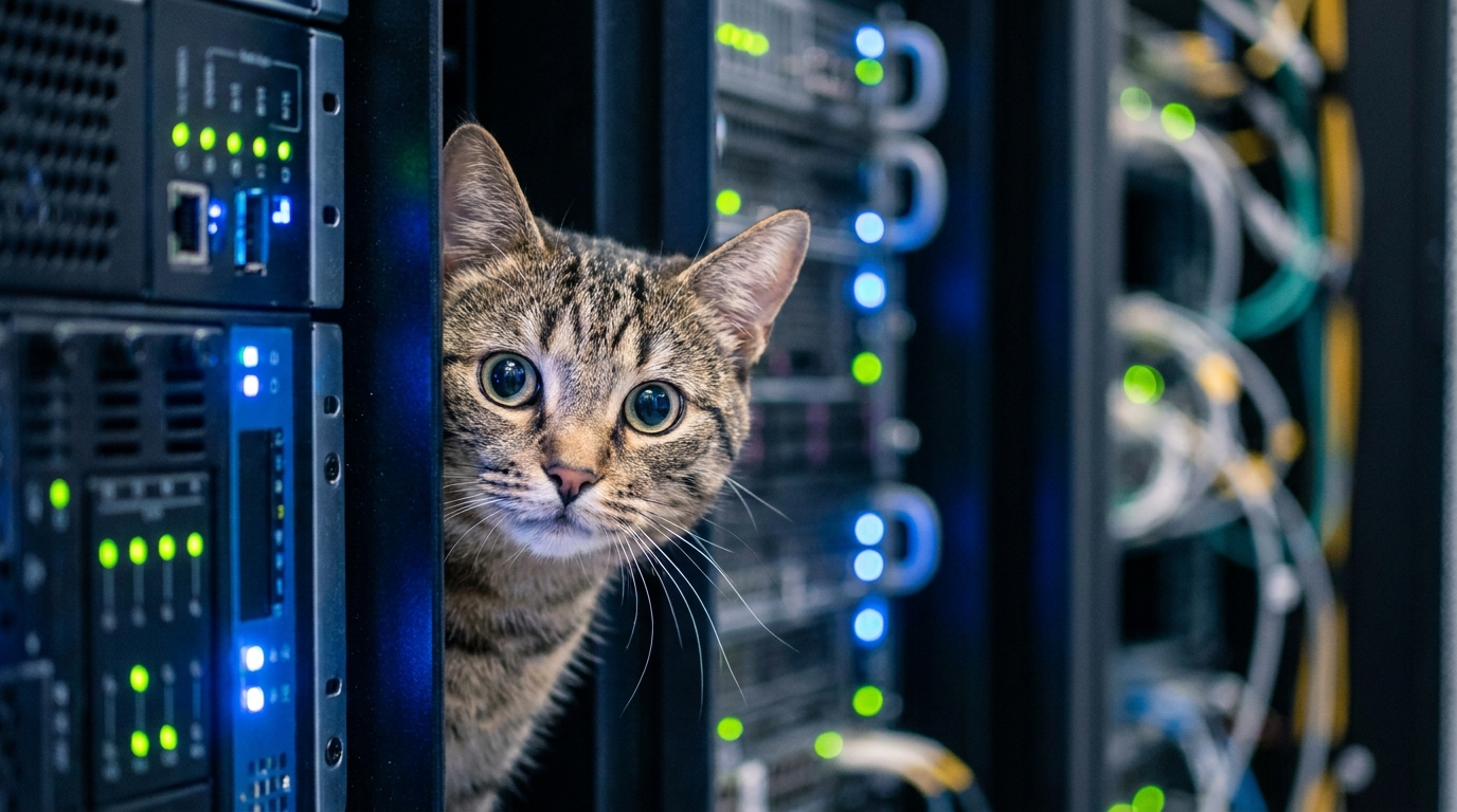 Un chat tigré se cachant timidement entre des serveurs informatiques dans une salle de datacenter éclairée par des lumières LED.