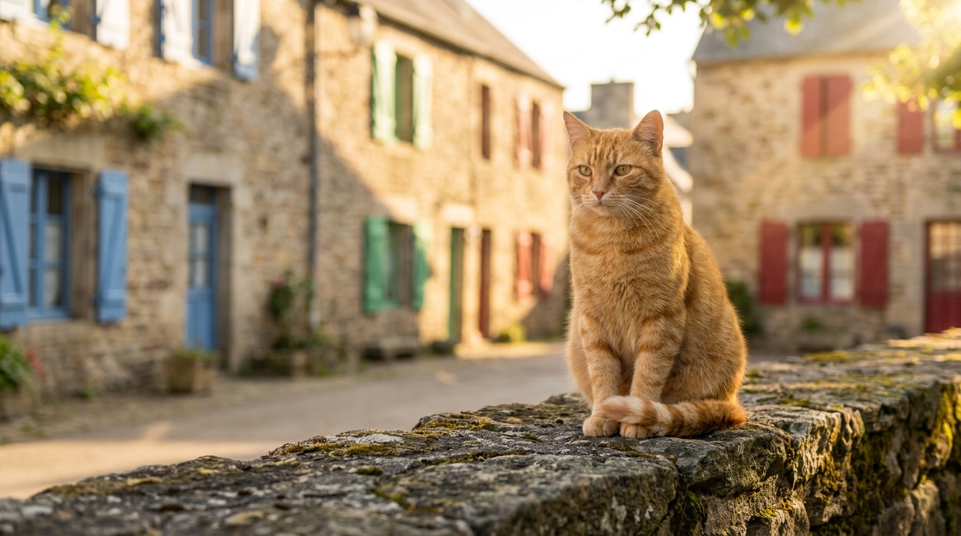 Un chat roux au regard sage assis sur un muret en pierre typique de Bretagne, symbolisant la vigilance bienveillante de la maire de Plouhinec.