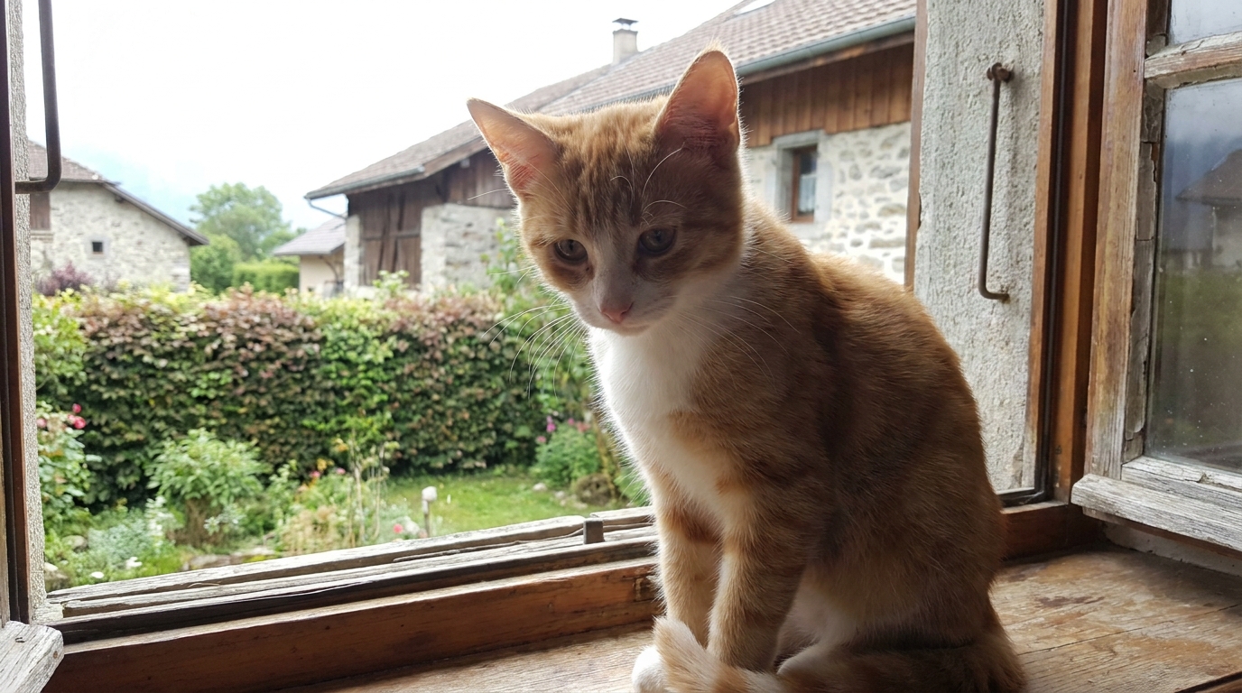 Un jeune chat au pelage roux regarde tristement à travers une fenêtre, symbole de la perte et de la cruauté animale.
