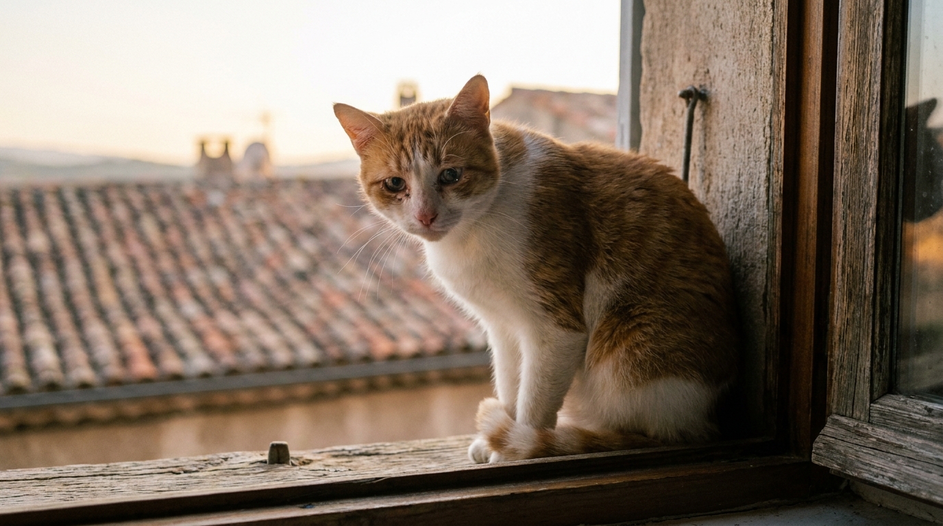 Un jeune chat européen roux et blanc, assis sur un canapé, regarde tristement vers l'objectif, symbolisant la détresse de Zéphyr.