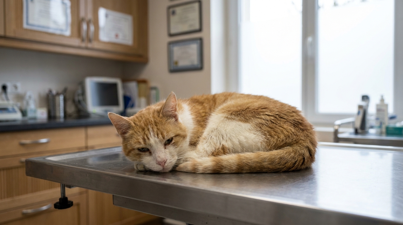 Un chat roux au regard triste, blotti dans une couverture, symbolisant la vulnérabilité des animaux de compagnie face à la cruauté.