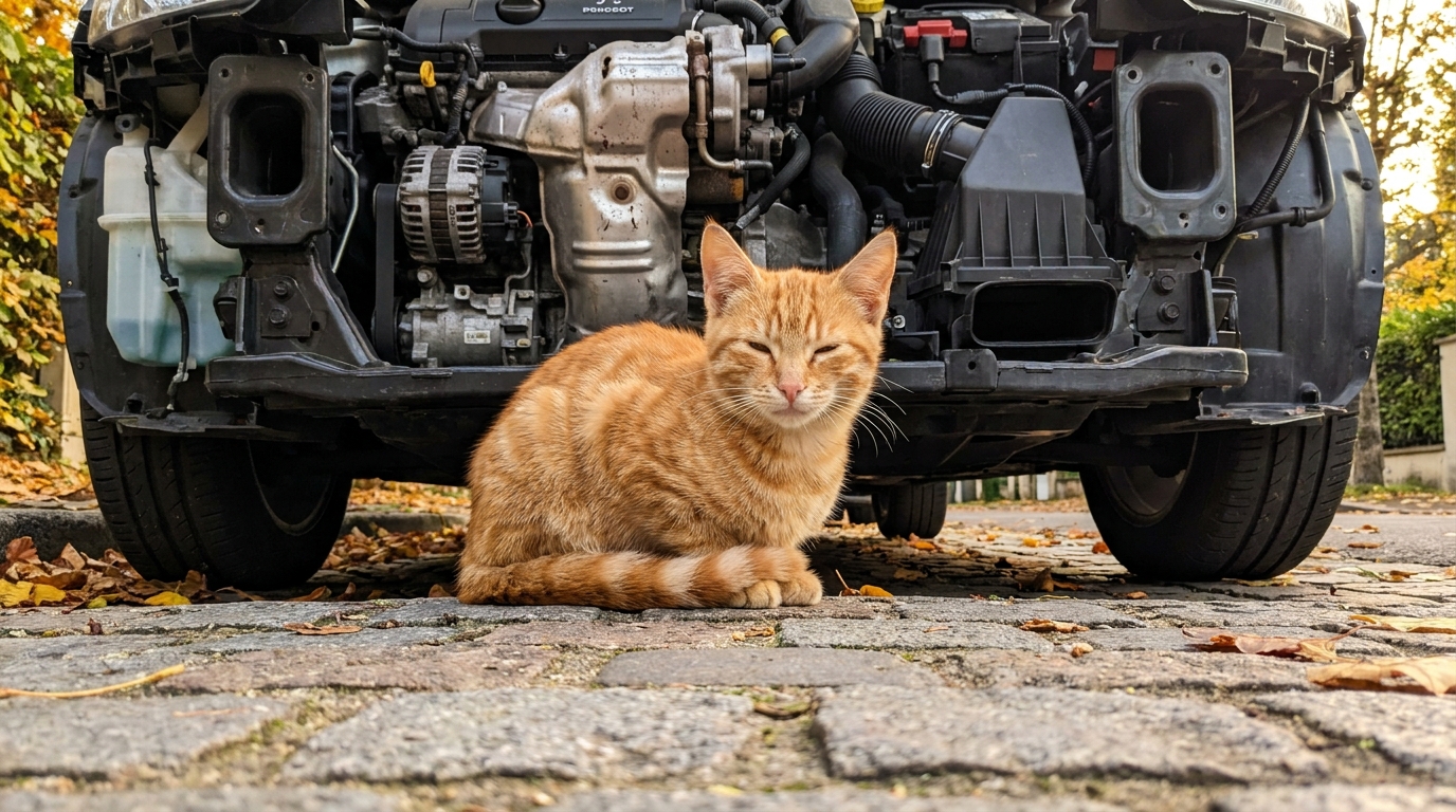 Un jeune chat roux tigré, blotti sur le moteur d'une voiture dont le capot est ouvert, illustrant le danger pour les chats cherchant la chaleur.