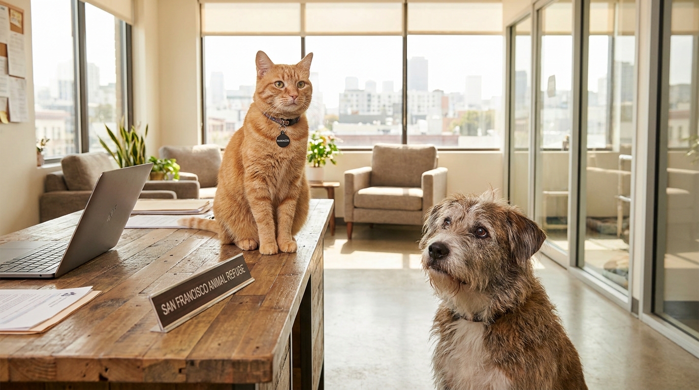 Un chat roux impassible, assis sur un bureau, observe avec attention un chien d'un certain âge dans une pièce lumineuse d'un refuge pour animaux.