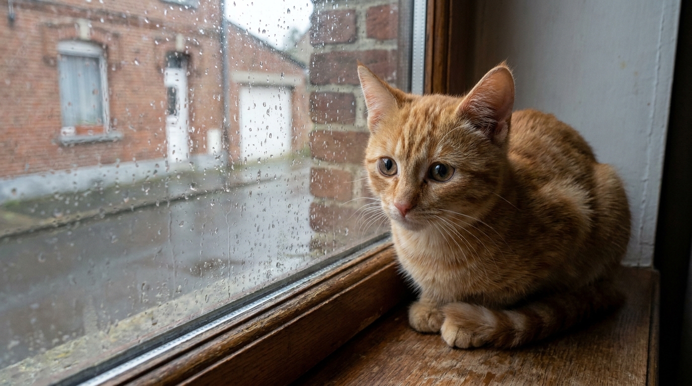 Un jeune chat roux au regard mélancolique observe la pluie à travers une vitre, symbolisant la tristesse de l'histoire de Monty.